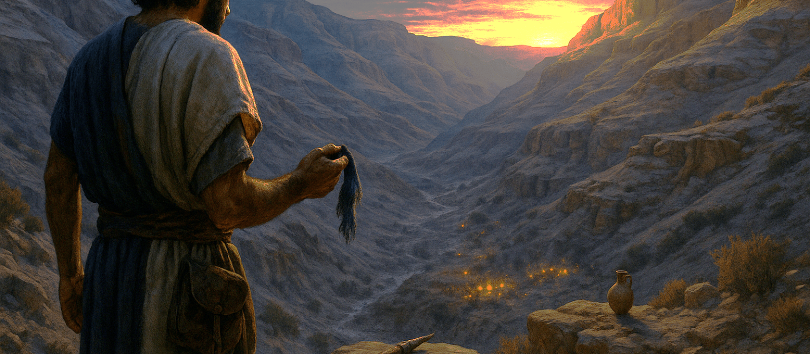 David spares Saul at En-gedi as dawn breaks over Judean cliffs.