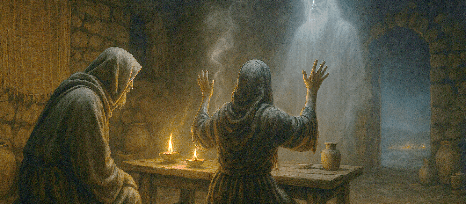 Saul, disguised, consults the medium of Endor as Samuel’s shadowy form appears in a lamplit hut at midnight.