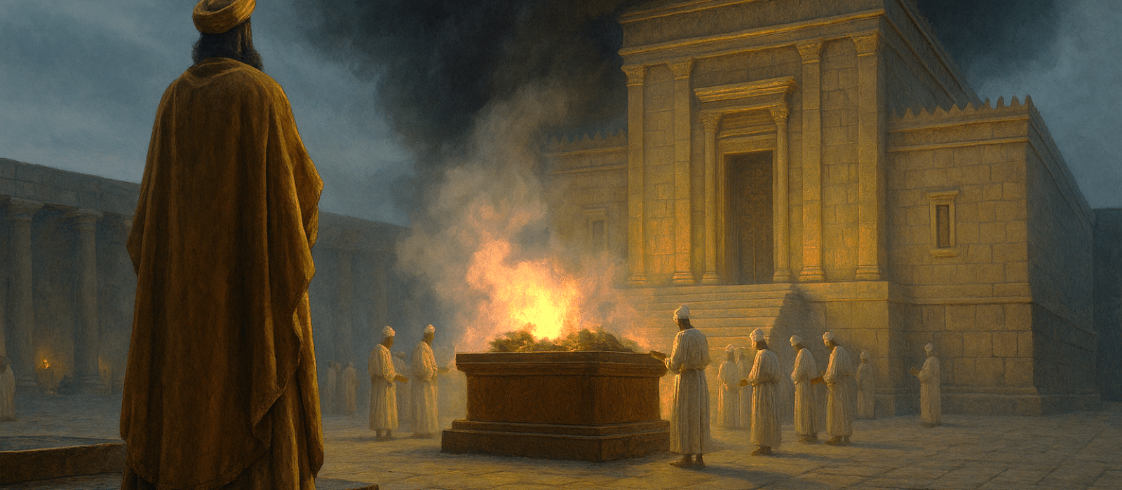Dark cloud descends on Solomon’s newly built Temple as priests serve at the altar.