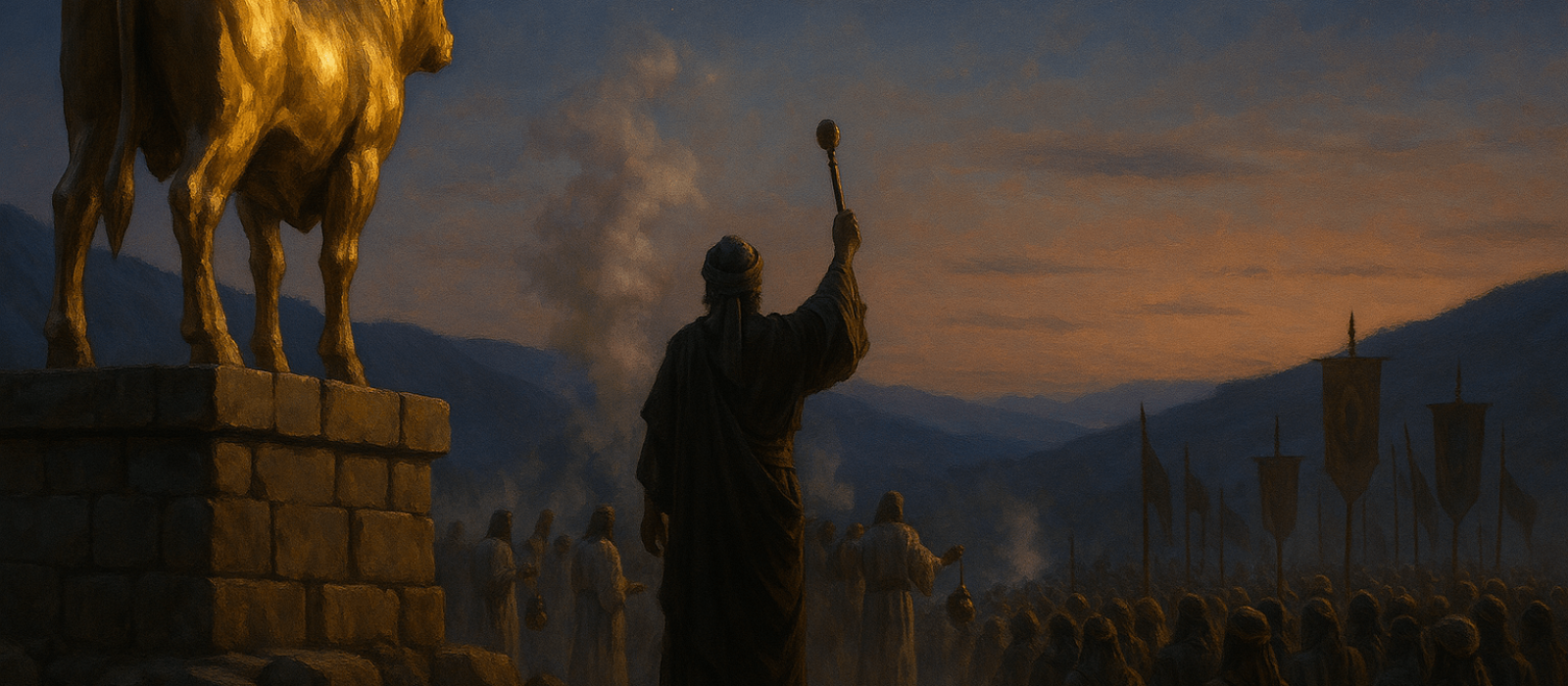 Golden calf at Bethel as Jeroboam leads incense-filled rites at dusk.