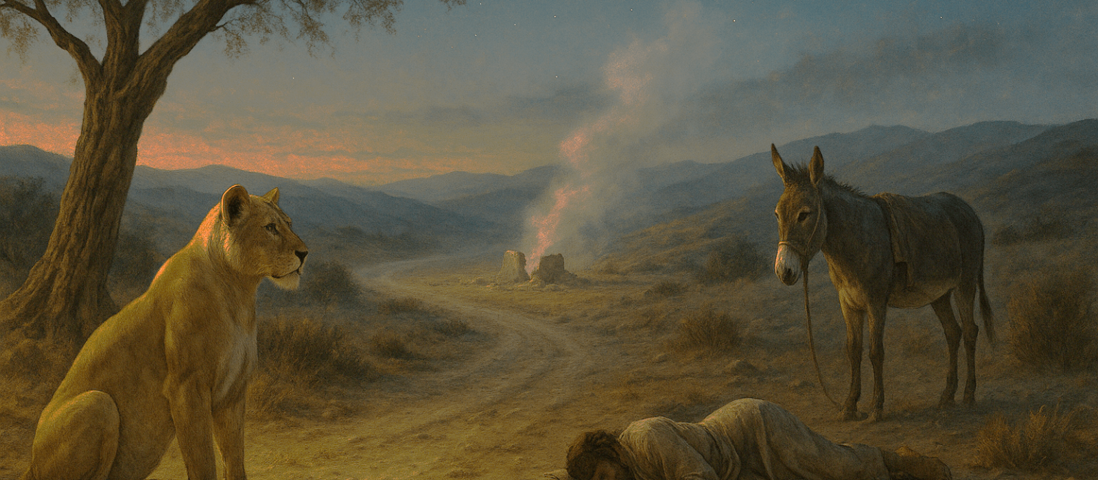 Lioness watching beside a donkey and a fallen prophet under a pistachio tree at dusk near Bethel.