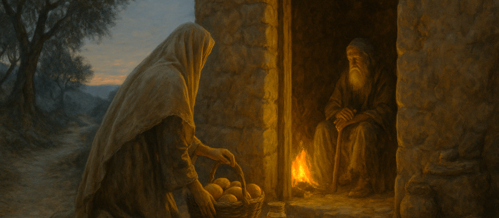 Veiled queen bringing loaves and honey to a blind prophet by firelight at dusk in Shiloh.