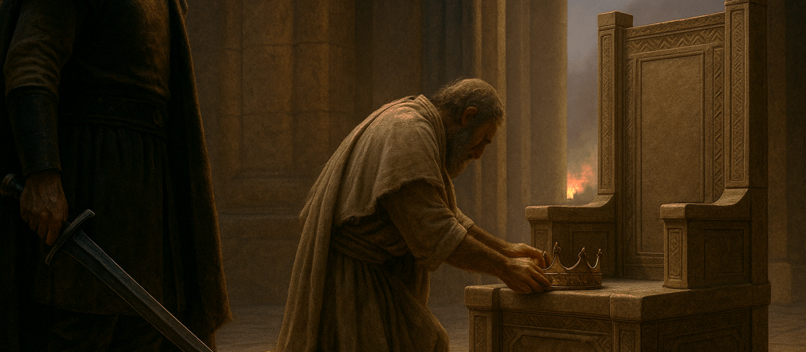 Inside Israel’s throne room, an Assyrian viceroy compels Hoshea to set down his crown as distant siege fires glow.