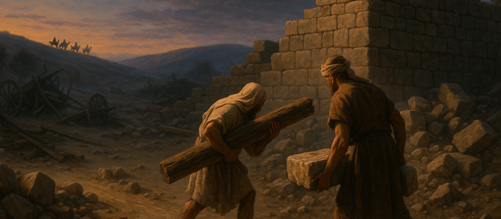 Judah dismantles Ramah’s blockade after Asa’s treaty with Aram under a twilight sky.