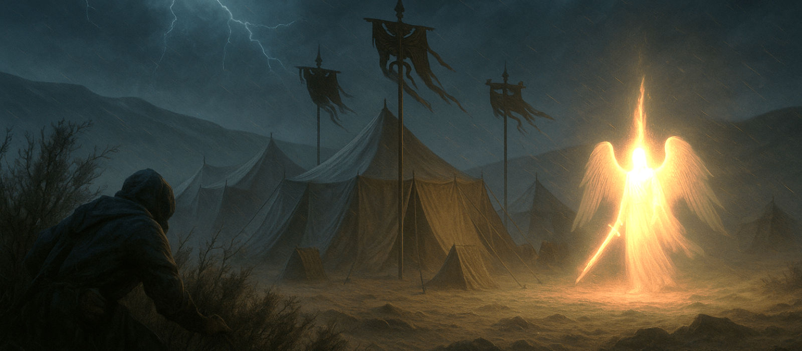 Night storm over Asyrian camp as an angelic sword of light halts the Assyrian siege of the city of Jerusalem.