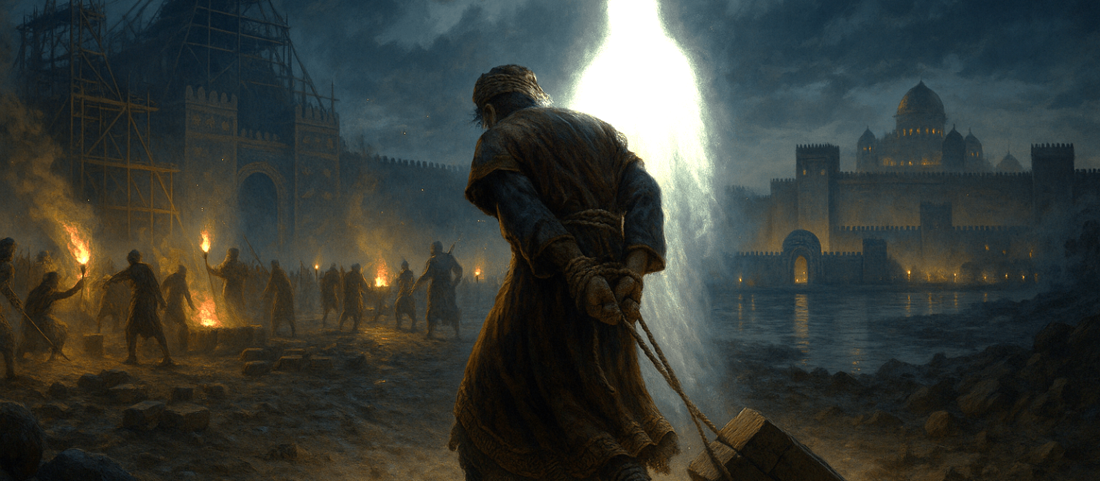 Repentant King Manasseh drops his bricks by Babylon’s kilns under torchlight as a silent radiant presence stands behind him.