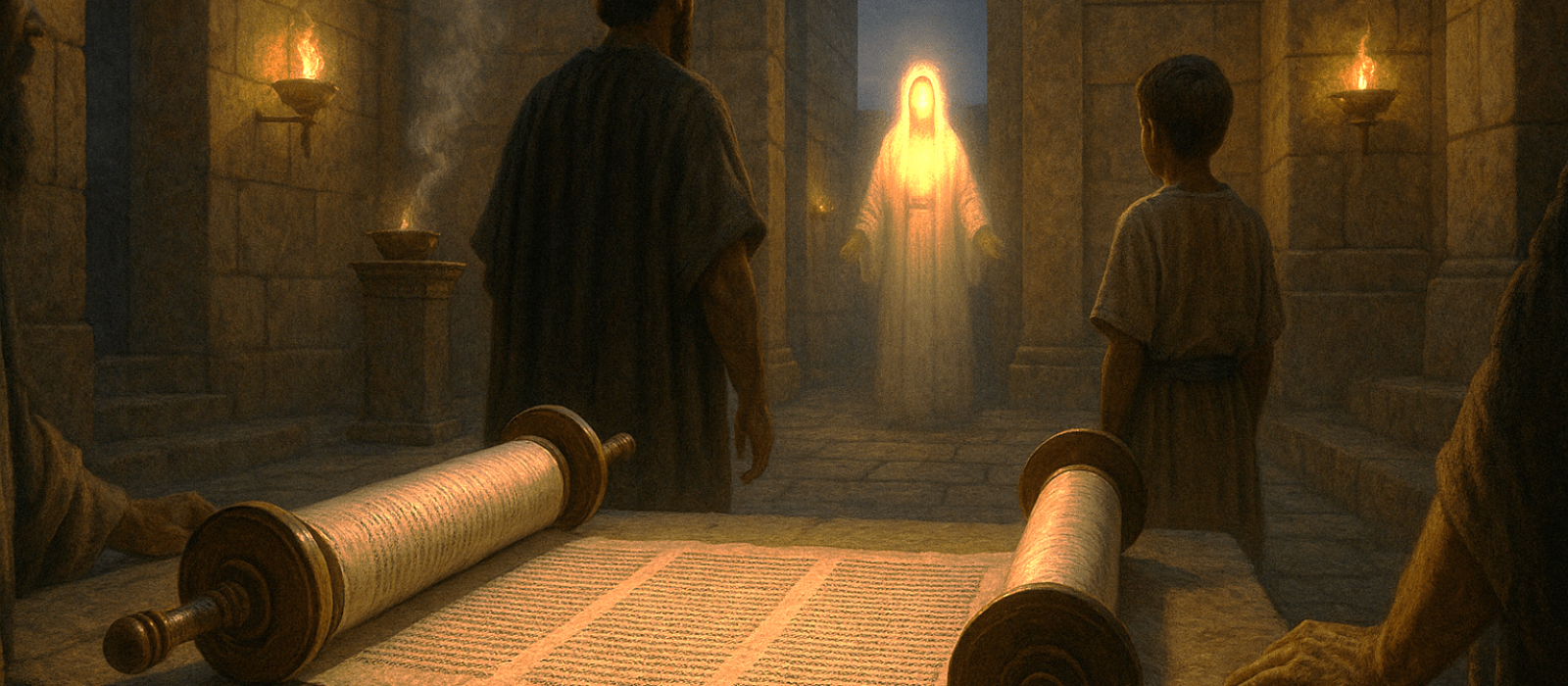 Unfurled Torah scroll in the Temple as Huldah’s message confronts King Josiah’s zeal, at twilight, faces unseen.