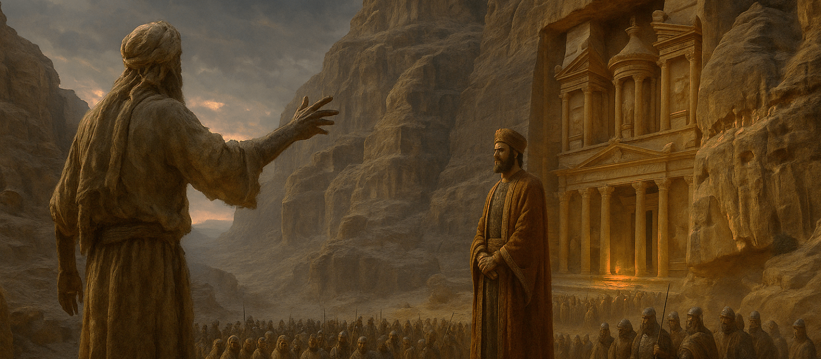 Prophet Obadiah confronts Edom’s King Hadad before cliff-palaces at dusk as storm light gathers.