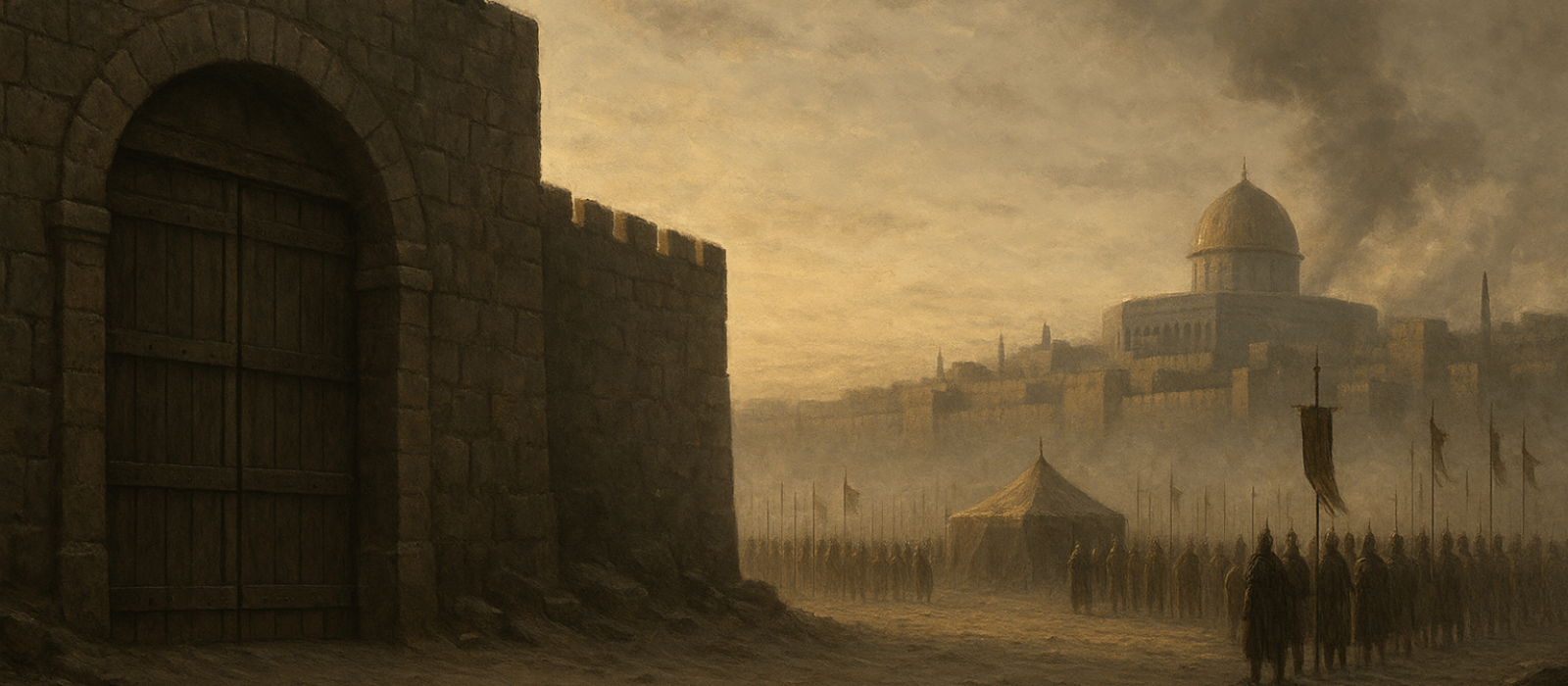 Dawn over Jerusalem as open city gate faces a silent Babylonian camp, with a lone king watching from the wall.