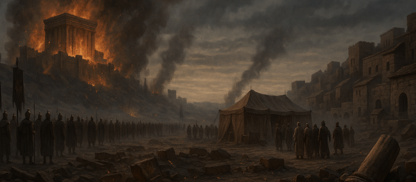 Twilight over burning Jerusalem as Nebuzaradan orders the city’s ruin while a small remnant is spared.