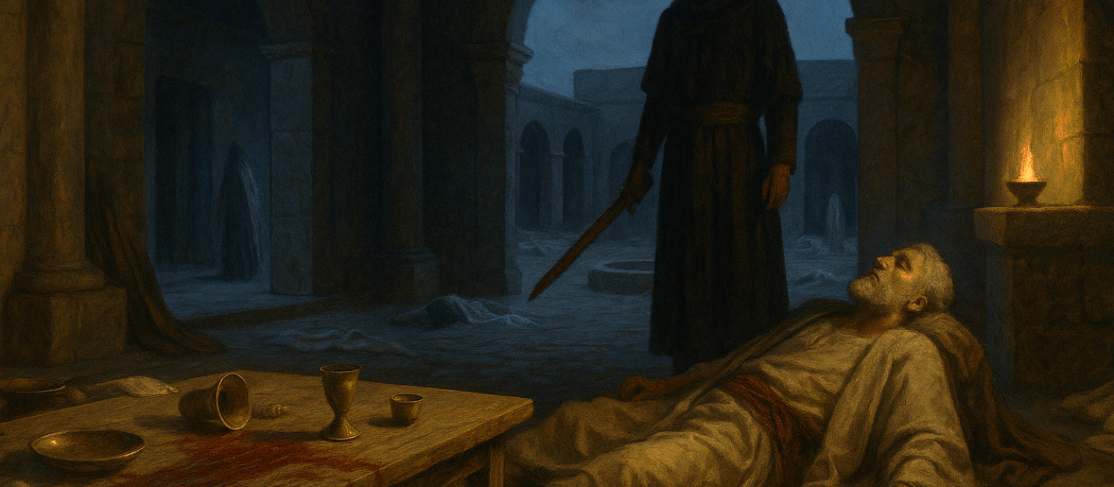 Twilight scene at Mizpah where Ishmael stands over fallen Gedaliah, banquet overturned, cistern in the courtyard.