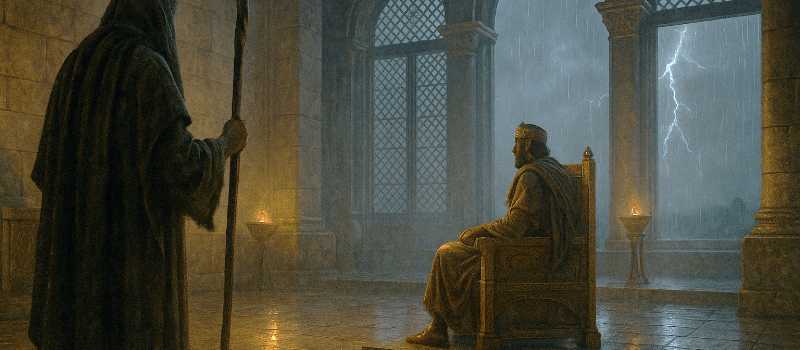 Elijah confronts King Jehoram in a storm-lit throne room as rain begins to fall.