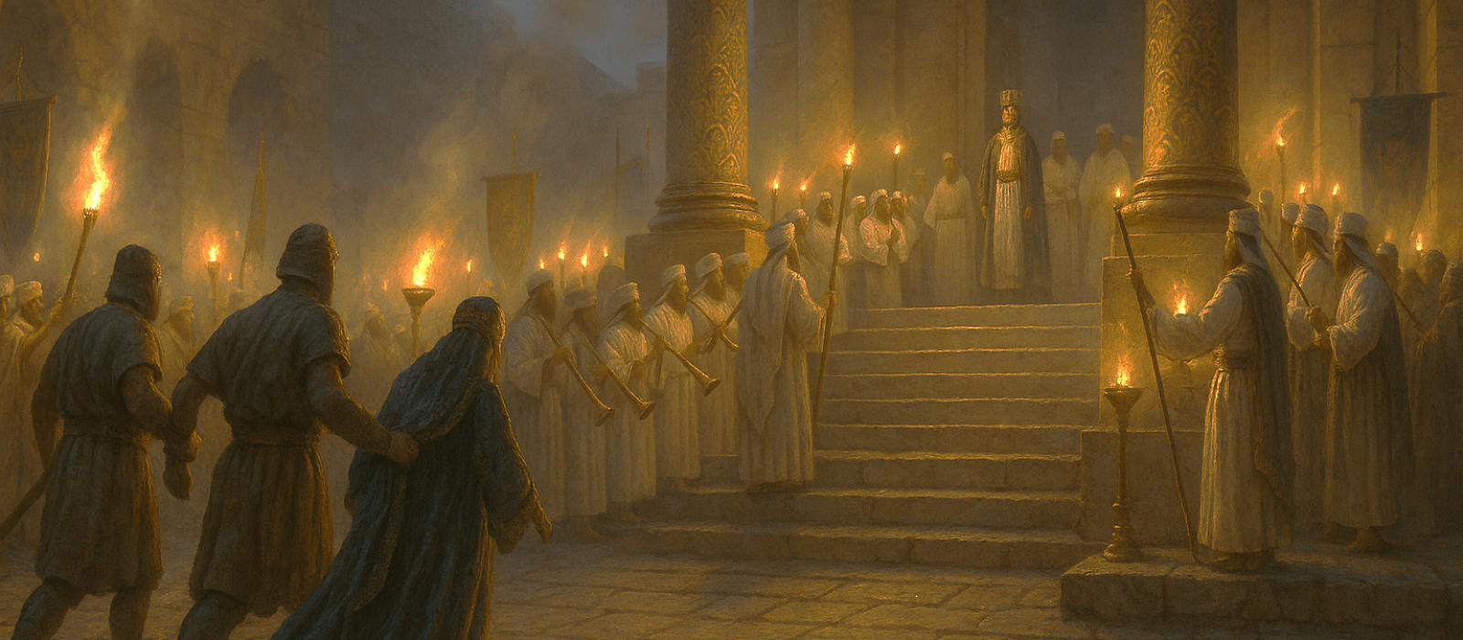 Jehoiada crowns Joash at the Temple as guards lead Athaliah toward the Horse Gate at twilight.